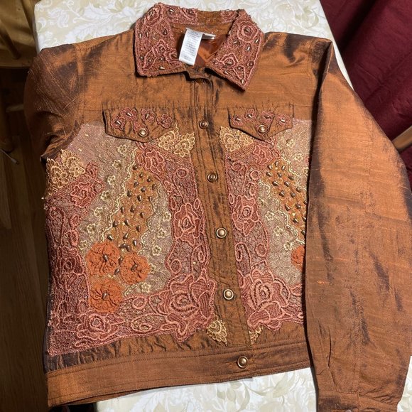 56% Silk Lace Beaded Jacket S Coldwater Creek Bronze Floral Metallic Button-up - Picture 7 of 16